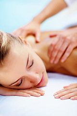 Image showing Spa, massage and holiday with woman, luxury resort and health with body care, treatment and relax. Person, getaway and girl on a weekend break, calm and wellness with peace, stress relief and zen