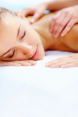 Image showing Spa, massage and health with woman, luxury resort and holiday with body care, treatment and relax. Person, happy and girl on a weekend break, calm and wellness with peace, stress relief and zen