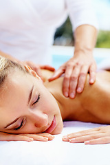Image showing Spa, massage and luxury with woman, relax and health with body care, treatment and vacation. Person, getaway trip and girl on a weekend break, calm and holiday with peace, stress relief and wellness