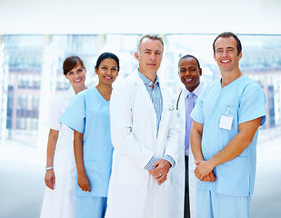 Image showing Portrait, smile and doctor with healthcare, nurse and career with happiness, clinic and diversity. Face, people and group with medical, professional or about us in a hospital, cooperation or wellness