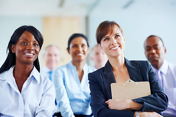 Image showing Happy business people, meeting and presentation in seminar or corporate workshop at office. Group of employees smile and listening to talk in staff training or team conference together at workplace