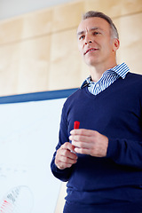 Image showing Businessman, whiteboard and thinking for presentation in boardroom for seminar, tradeshow or conference in New York. Corporate person, male ceo or mentor with pen for notes, discussion or planning