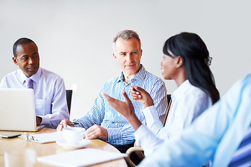 Image showing Business people, teamwork and laptop with brainstorming, workshop and planning with collaboration, company and cooperation. Group, meeting and man with women, conversation and computer with support