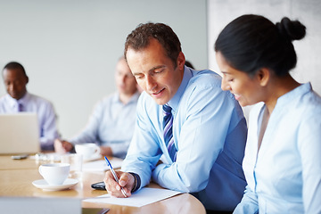 Image showing Business people, writing and brainstorming in meeting with manager advice, feedback and teamwork on paper. Professional executive, boss and woman with ideas, financial planning or collaboration notes