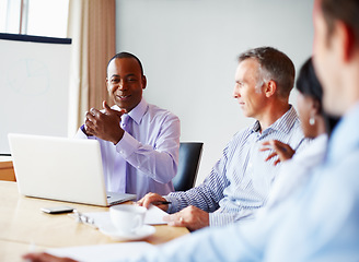 Image showing Business people, meeting and teamwork with planning, laptop and brainstorming in a workplace. Staff, group and manager with employees, cooperation or collaboration with partnership and website design