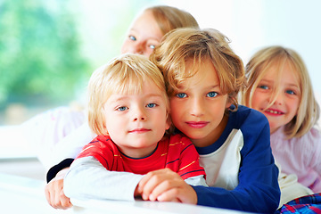 Image showing Portrait, bed or children with brother and sister siblings in their home together to relax. Family, love or bonding with cute boy and girl kids in the bedroom of their apartment on the weekend