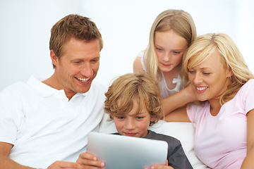 Image showing Mother, father and kids smile with tablet for elearning, video games or reading ebook story on app at family home. Mom, dad and children watching cartoon, streaming digital multimedia or subscription