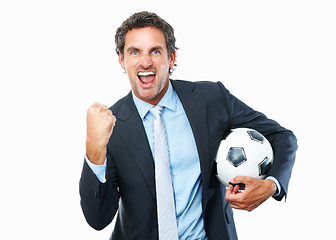 Image showing Portrait, football and business with man, celebration and employee isolated on white studio background. Face, person and model with sports, excited and cheering with victory, winning and mockup space