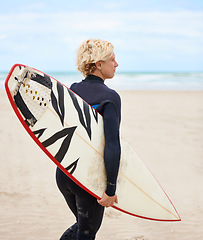 Image showing Surfer, board and back for thinking at beach, training or fitness on vacation in summer with workout. Person, surfboard and sport for wellness, health and ideas by ocean, waves or freedom on holiday