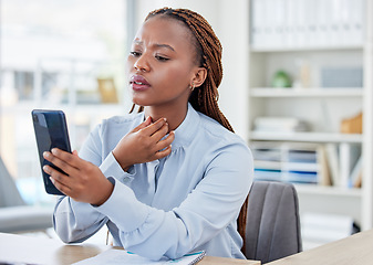 Image showing Woman, cellphone and throat or pain sick in office for internet search symptoms, online connection for flu problem. Black person, corporate business and digital device for unhappy, stress for cold