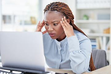 Image showing Black woman, laptop and stress headache in office with mistake, fail or error at accounting agency. Employee, accountant and frustrated face with thinking, 404 glitch or ideas with anger for pc crash