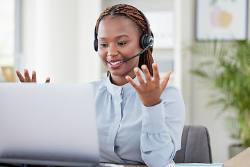 Image showing African woman, call center and smile by laptop for communication, contact us or telemarketing. Consultant, agent or employee girl with pc, mic or headphones for customer support at insurance company