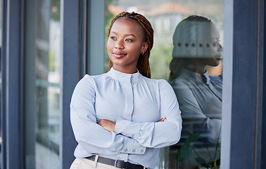 Image showing Thinking, crossed arms and professional black woman at office for planning or brainstorming for legal case. Smile, ideas and young African female attorney with confidence for law career at workplace.
