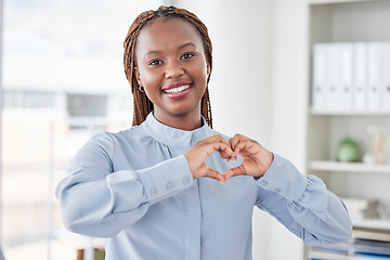 Image showing Business, heart hands or portrait of black woman with love emoji for care, kindness or like review in office. Smile, happy or African worker with shape for thank you or sign of hope, support or peace