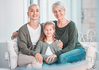 Image showing Mother, grandmother and daughter on couch, portrait and hug with love, care and bonding in lounge at family house. Mama, grandma and girl child with embrace, relax and together on living room sofa