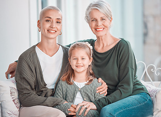 Image showing Mother, grandmother and daughter on sofa, portrait and hug with love, care and bonding in lounge at family house. Mama, grandma and girl child with embrace, relax and together on living room couch