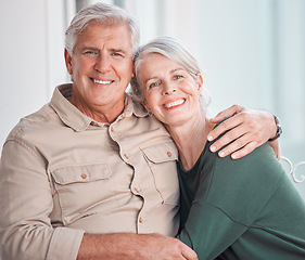 Image showing Senior couple, hug and portrait on couch with smile, care and bonding with love, retirement and home living room. Happy old man, elderly woman and embrace on lounge sofa, relax and pride in apartment