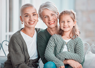 Image showing Mom, grandmother and girl in portrait, sofa or hug for care, bonding or love in family home lounge. Elderly lady, mother and daughter for embrace for smile, relax and together in living room at house