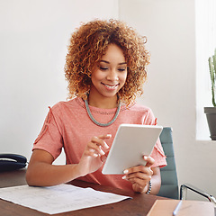 Image showing Happy woman, communication or designer with tablet for research or analysis online on website. Networking, email or woman working SEO stats update on internet or app with smile in startup or office