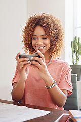 Image showing Mobile games, office or happy woman playing online gaming, subscription or connection. Relax, video gamer or African worker with phone app on break in workplace for streaming multimedia with smile