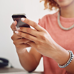 Image showing Communication, hands or designer with phone for social media, technology or typing online on website. Research, networking or closeup of woman in office texting on blog for update on mobile app