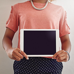 Image showing Screen, hands or tablet for marketing mockup or sale on website for advertising space. Display closeup, app ux or woman showing option, news or technology offer on social media in office or agency