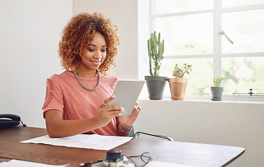 Image showing Tablet, happy woman or designer with chart for research, technology or analysis online on website. Reading data analytics, planning or person working stats update on internet or app with paperwork