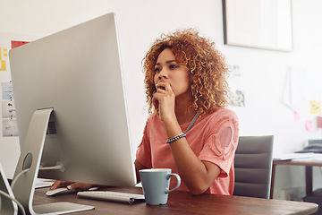 Image showing Web design, thinking or woman with computer for research, editing or copywriting on blog or website. African person, agency or worker in office, working on internet update, networking or reading news