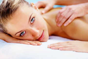 Image showing Woman, portrait and massage back with spa therapist for wellness, holistic therapy or cosmetic care at holiday resort. Beauty salon, skincare and face of client relax for treatment, break or vacation