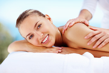 Image showing Woman, portrait and happy at spa for back massage wellness cosmetics and holistic therapy outdoor at holiday resort. Beauty salon, skincare and client smile for treatment, healing and luxury vacation