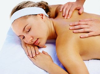 Image showing Spa, massage and woman with beauty therapist hands for back wellness and health in a salon. Resort, masseuse table and calm female person with zen and pamper treatment for body and stress relief