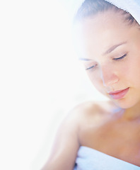 Image showing Woman, beauty and spa treatment on mockup for skincare, facial or cosmetics against a white studio background. Face of calm female person or model in relax for dermatology, hygiene or wellness