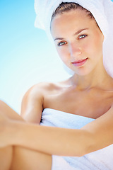 Image showing Portrait, spa and young woman with towel for self care, cosmetic or body treatment. Beauty, clean and female person from Canada with grooming, health or wellness skin routine at natural salon.