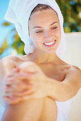 Image showing Happy, spa and young woman with towel for hygiene, wellness and self care treatment. Beauty, smile and female person from Canada with health, cosmetic and clean body skin routine at natural salon.