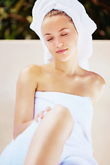 Image showing Relax, body and woman with towel for spa, self care or shaving treatment for hygiene. Beauty, clean and calm young female person from Canada with health and wellness routine at a natural salon.