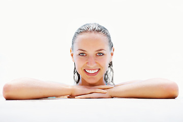 Image showing Portrait, edge and swimming pool with woman, vacation and relax with holiday, water and getaway trip. Face, person and girl with wellness, wet and summer with weekend break, luxury and mockup space