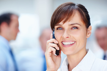 Image showing Business woman, phone call and happy portrait in office of a lawyer with confidence and smile. Working and company employee with attorney networking and law firm with discussion of corporate staff