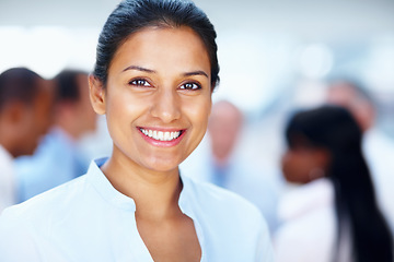 Image showing Business woman, professional and worker portrait in a office of a lawyer with confidence and smile. Happy, working and company employee from India ready for attorney and law firm with legal staff