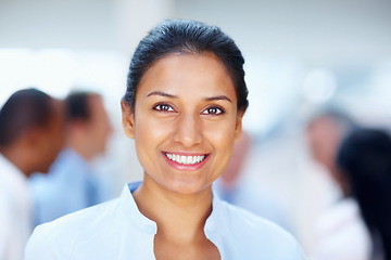 Image showing Business woman, professional and portrait in a office of a lawyer with confidence and smile. Happy, working and company employee from India ready for attorney and law firm worker with corporate staff