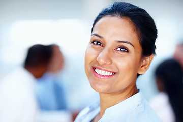 Image showing Business woman, workplace and portrait in a office of a lawyer with confidence and smile. Happy, working and company employee from India ready for attorney and law firm with corporate legal staff