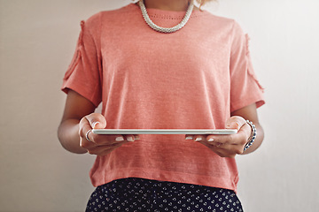 Image showing Tablet, office or hands of woman with data analytics for growth, revenue or stats in office. Web design, strategy analysis or person working on algorithm research or digital SEO on web report update