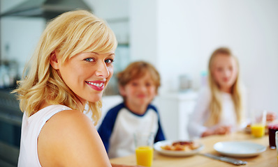 Image showing Portrait, children and family with mother, breakfast and happiness with healthy meal, food and bonding together. Face, mama and kids with nutrition, morning and love with joy, home and kitchen