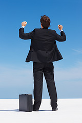 Image showing Businessman, briefcase and celebrate with fist, success and back in blue sky, corporate and victory. Winner, goal and outdoor for achievement, bonus and milestone for business or financial profit