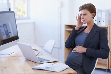 Image showing Business woman, pregnant and headache in stress, anxiety or mental health with laptop at office. Female person or employee with migraine in maternity, pregnancy or under pressure by desk at workplace