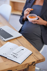 Image showing Pregnant, book and business woman at her desk in the office, getting ready for maternity leave. Schedule, calendar or planner with a corporate professional in the workplace as a mother and employee