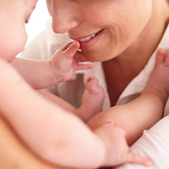 Image showing Play, family and mother with baby, closeup and happiness with joy, home and wellness. Mama, infant and toddler with fun, relax and healthy with love, bonding together and childhood development