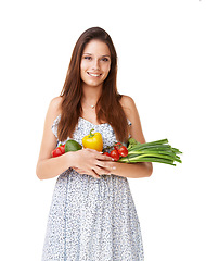 Image showing Portrait, smile and woman with vegetables, nutrition and girl isolated on a white studio background. Face, person and model with healthy food, wellness and vegan with diet plan, mockup space or smile