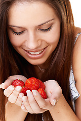 Image showing Woman, smile and holding strawberry fruits for detox, vegan diet and fresh organic ingredients for nutrition. Face of happy girl with red berries, healthy food and sustainable benefits of vitamin c