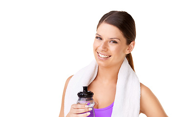 Image showing Woman, portrait and water bottle in studio for fitness, exercise and training in wellness or health. Happy face of young person or sports model with towel and liquid for workout on a white background