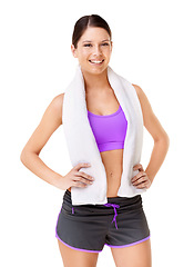 Image showing Portrait, woman and fitness for towel in studio for hygiene mock up on white background in Germany. Female person, athlete and sweat cloth with confidence on face for health, wellness and exercise